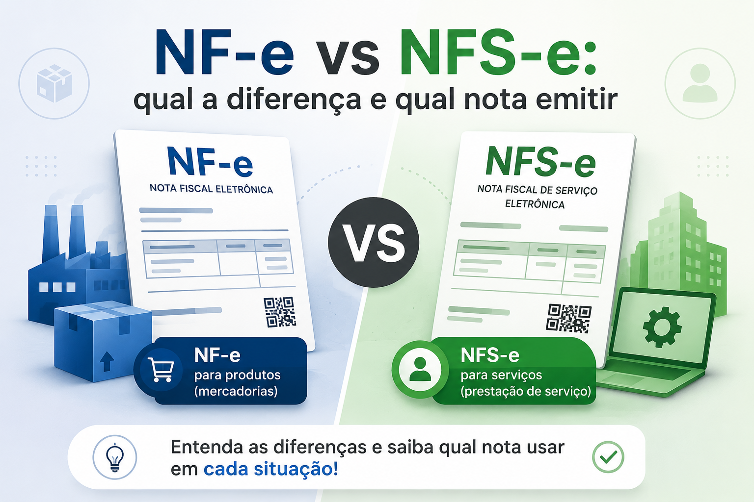 NF-e vs NFS-e: qual a diferença e qual nota emitir. Comparativo entre nota fiscal de produto e nota fiscal de serviço.