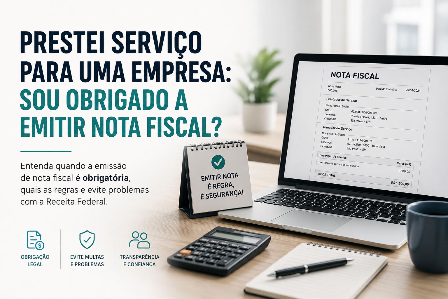 Prestei serviço para uma empresa: sou obrigado a emitir nota fiscal? Nota fiscal na tela de um notebook sobre uma mesa de trabalho.